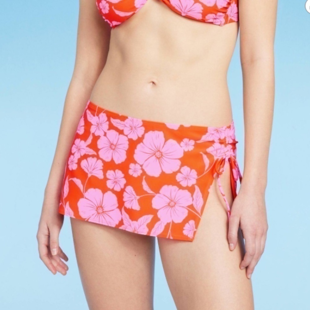 NWT Women's Cinch Side Skirt Cover Up - Wild Fable™ Orange/Pink Tropical Print